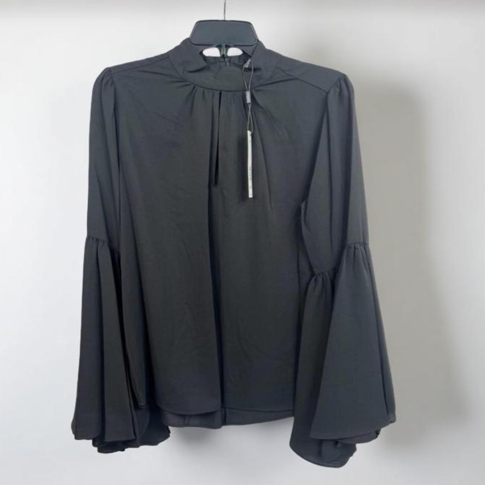 T Tahari Blouse Womens Size S Black Mock Neck Keyhole Large Bell Sleeve Chic